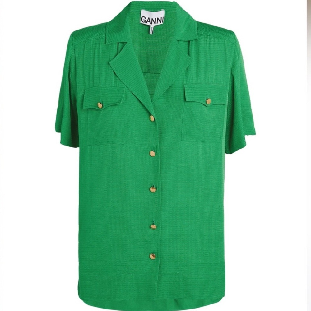 GANNI Sustainable Short Sleeve Button Down Kelly Green Top Size EU 34 (US 2)